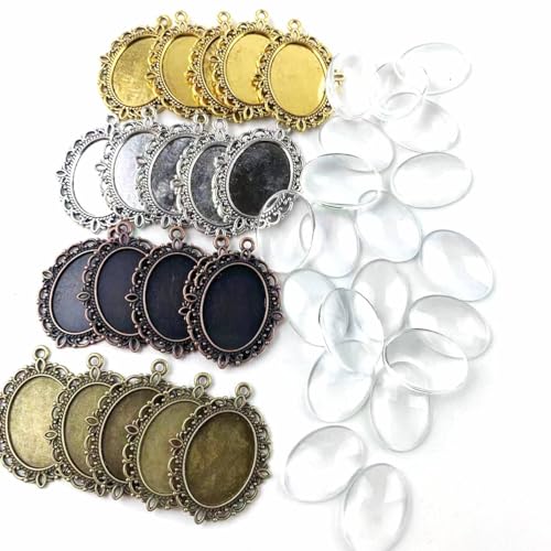 Lmlliang 20 Sets ovale Anhängerschalen mit 20 Glas-Cabochons, Lünetten-Rohlinge für DIY-Schmuckherstellung, Gedenkfoto-Anhänger, Bastelbedarf, 25 x 18 mm von Lmlliang