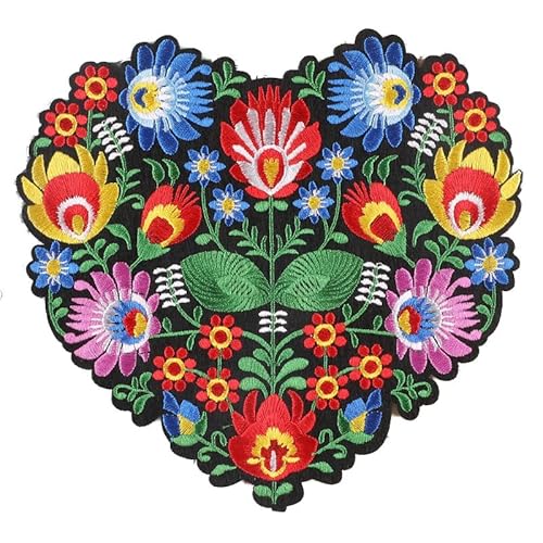 1 x großer, herzförmiger Aufnäher, bunte Blumen, bestickt, zum Aufbügeln oder Aufnähen von Lmshuqun