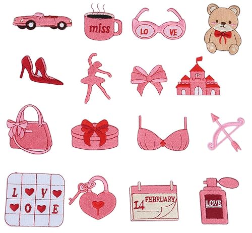 16 Stück rosa Themed Frauen Mädchen Pakt, Handtasche, Balletttänzer, Kalender, bestickte Applikation zum Aufbügeln oder Aufnähen von Lmshuqun