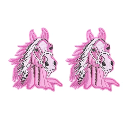 2 x rosa Pferdekopf-Aufnäher, Wildtiere, Pferd für Cowboy, bestickte Applikation, zum Aufbügeln oder Aufnähen von Lmshuqun