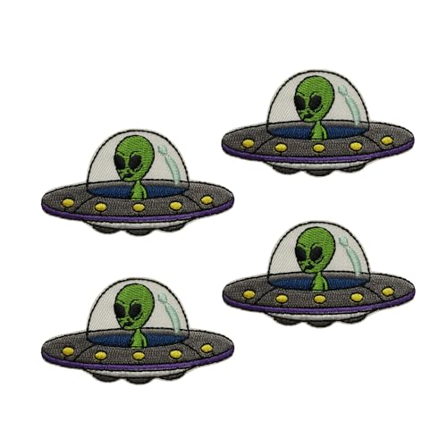 4 Stück Alien Driving UFO bestickte Applikation zum Aufbügeln oder Aufnähen von Lmshuqun