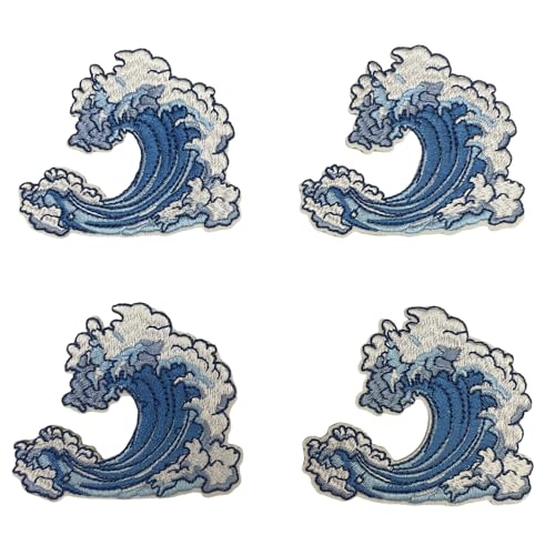 4 Stück Sea Wave, Great Sea Wave bestickte Applikation zum Aufbügeln oder Aufnähen von Lmshuqun