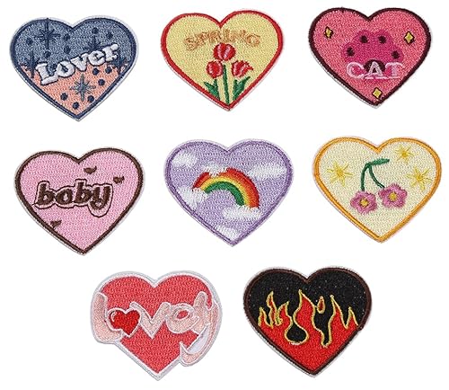 8 Stück niedliche kleine Herzform Regenbogen Blume Katze Liebe Feuer bestickte Applikation Bügelbild Aufbügler Aufnähen von Lmshuqun