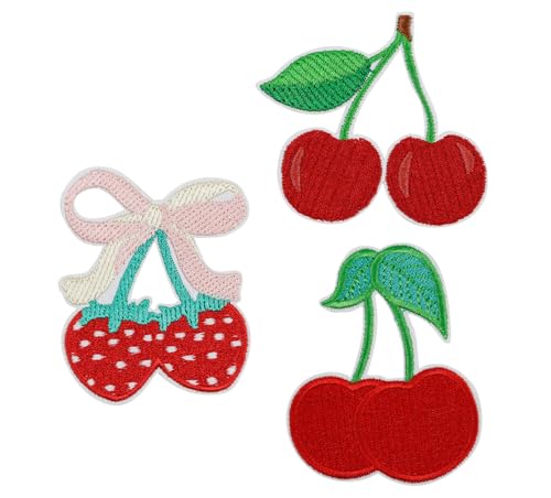 Lmshuqun 3 Stück niedliche Kirsch-Aufnäher/Cherry Cool Girl, bestickte Applikation, zum Aufbügeln oder Aufnähen von Lmshuqun