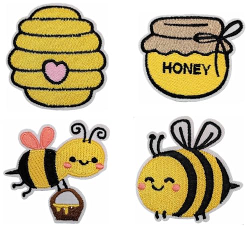 Lmshuqun 4 Stück niedliche Bienen und Bienenstöcke, bestickte Applikation, zum Aufbügeln oder Aufnähen von Lmshuqun