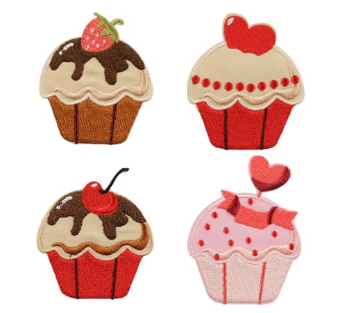 Lmshuqun 4 x niedliche Cupcake-Aufnäher, bestickt, zum Aufbügeln oder Aufnähen von Lmshuqun