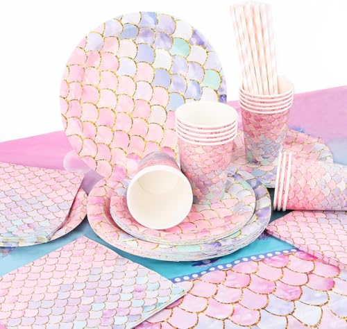 Lnjya Meerjungfrau Partygeschirr Set für 16 Gäste, Rosa, Meerjungfrau Geburtstag Deko für Kinder, Pappteller, Tassen, Servietten, Tischdecken von Lnjya