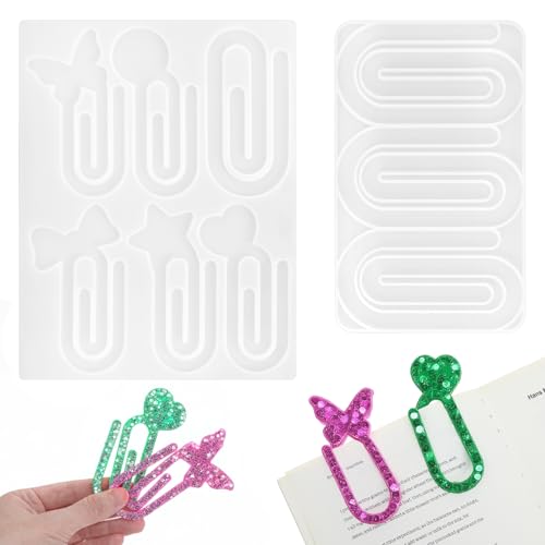 Lnngub 2 Packungen Lesezeichen aus Kunstharz, Jumbo-Büroklammern, Lesezeichen, Silikonform, 9 Mulden, Schmetterling, Stern, Herz, Büroklammern, Silikon-Lesezeichen-Form für Epoxidharz, Basteln von Lnngub
