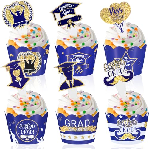Lnngub 48 Stück Graduation Cupcake Toppers, 24 Stück 6 Stile Cupcake Toppers und 24 Stück 6 Stile Cupcake Verpackung Kreative Abschluss Cupcake Deko für Abschlussfeiern, Abschlusszeremonien (Blau) Lnngub 48 Stück Graduation Cupcake Toppers, 24 Stück 6 Stile Cupcake Toppers und 24 Stück 6 Stile Cupcake Verpackung Kreative Abschluss Cupcake Deko für Abschlussfeiern, Abschlusszeremonien (Blau) von Lnngub