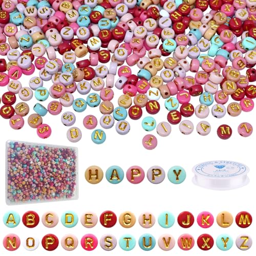 Lnvision 1000 Stück BuchstabenPerlen A-Z und Bunte Gold Acryl Alphabet Perlen 7x4mm Zwischenperlen Schmuck DIY Basteln von Lnvision