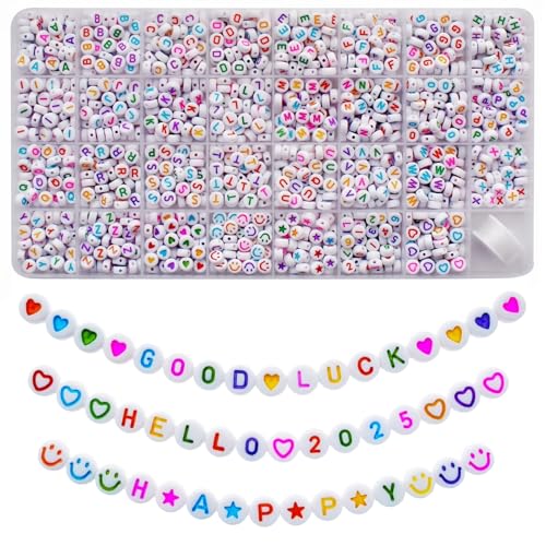 Lnvision 1400 Stück Bunte Brief Weiss Rund Acryl Alphabet Buchstaben Spacer Perlen 7x4mm Spacer Zwischenperlen Schmuck DIY Basteln A bis Z und Love Herz von Lnvision