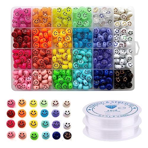 Lnvision 480 Stück Smiley Perlen, 24 Farben Bunte Smiley Perlen Acryl Leuchtperlen DIY Bastelperlen zum Auffädeln Schmuck Basteln Zubehör und 2 Rollen Kristalllinie für Armbänder von Lnvision