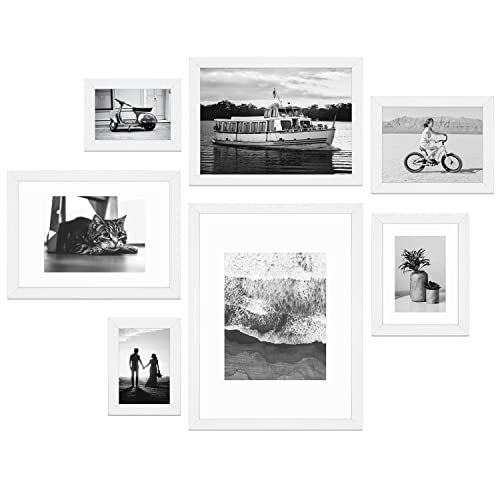 Lobome 7er Bilderrahmen Collage Set, Modern Weiß | 7 Fotorahmen Aus MDF-Holz 10x15 cm Bis 30x40 cm | Mit Acrylglas, Metall-aufhängung, Aufsteller & Passepartout von Lobome