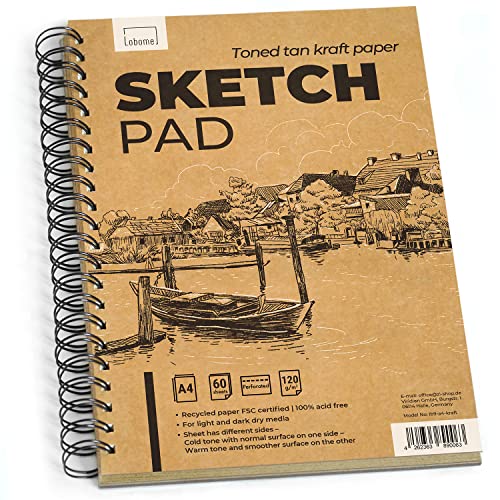 Lobome Toned Tan Kraftpapier A4 Mixed Media Skizzenbuch | Braunes Papier A4 mit 60 Perforierte Seiten (120 Blatt) für Helle und Dunkle Trockenmedien | 120 GSM DIN A4 Skizzenblock 100% Recycelt von Lobome