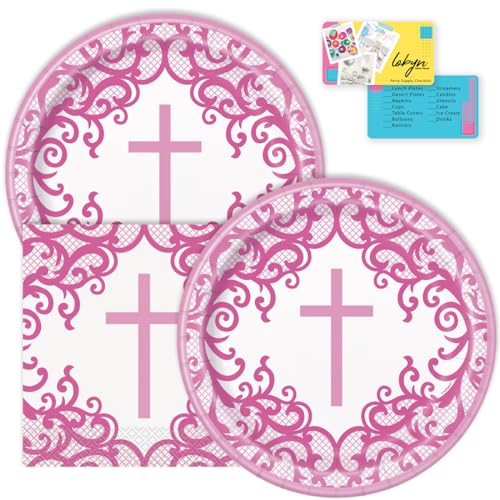 Lobyn Partyteller und Servietten, elegantes rosa Kreuz-Thema, 22,9 cm, Speiseteller, Set mit 16 x 22,9 cm und (16) 6,5 Lunch-Servietten, ideal für religiöse Partys, Kommunion und Konfirmation von Lobyn Value Packs