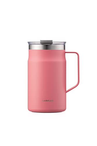 LocknLock Metro Becher aus hochwertigem 18/8 Edelstahl, doppelwandig, isoliert mit Griff, perfekt für Tisch mit Deckel, Pfirsichrot, 590 ml von LocknLock