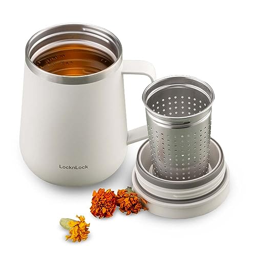 LocknLock Metro Teetasse, elfenbeinfarben, 400 ml, Tee- und Kaffeebecher, Tassen mit Tee-Ei, Deckel und Griff, doppelwandiger Edelstahl, vakuumisoliert, Reisebecher von LocknLock