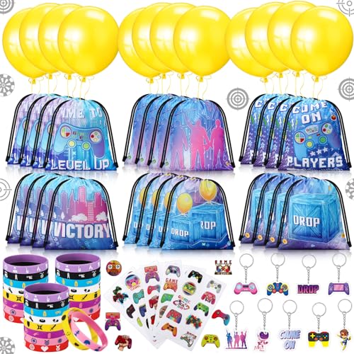 Locmeo 196 Stück Videospiel Geburtstag Party Dekorationen Videospiel Party Gastgeschenke Lootdrop Kordelzug Geschenktüten Gaming Armband Schlüsselanhänger Aufkleber Ballon für Belohnungen Goodie Bags von Locmeo
