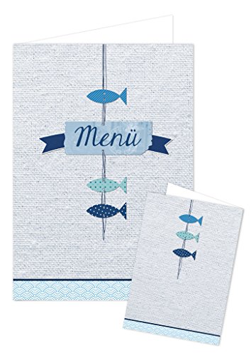 Logbuch-Verlag 10 Menükarten blau weiß mit Fische Motiv - leere Speisekarten zum Bedrucken - Tischdeko Kommunion Taufe von Logbuch-Verlag