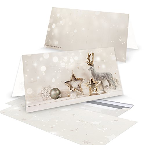 Logbuch-Verlag 10 lange Weihnachtskarten mit Kuvert 10,5 x 21 cm beige weiß shabby chic Rentier - Klappkarte Doppelkarte Weihnachten beschreibbar von Logbuch-Verlag