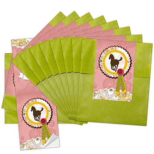 Logbuch-Verlag 10 grüne Papiertüten 9,5 x 14 cm - Geschenktüten grün rosa mit PFERDE Motiv - Gastgeschenk Kindergeburtstag Pferdliebhaber von Logbuch-Verlag