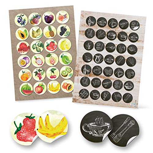 Logbuch-Verlag Küchen Sticker Set 24 bunte Obst Aufkleber Ø 4 cm + 35 Küchensticker schwarz weiß Ø 3 cm Haushaltsetiketten Kochen Rezeptbuch Sticker von Logbuch-Verlag