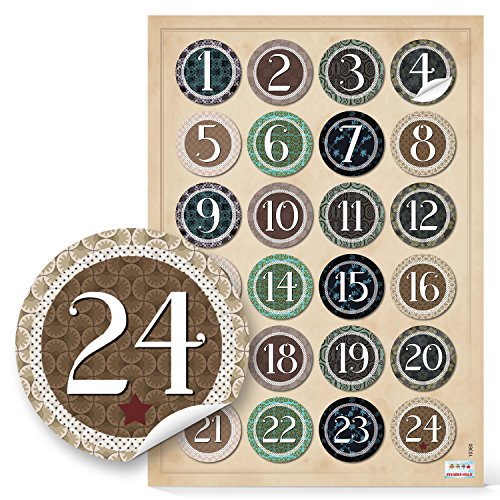 Logbuch-Verlag 24 Aufkleber natürlich Adventskalender 4 cm rund Zahlen 1-24 aufkleben basteln Nummern von Logbuch-Verlag