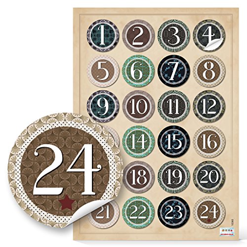 Logbuch-Verlag 24 Aufkleber natürlich Adventskalender 4 cm rund Zahlen 1-24 aufkleben basteln Nummern von Logbuch-Verlag