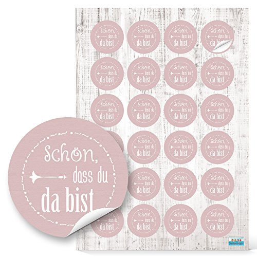 Logbuch-Verlag 24 runde Schön dass Du da bist Spruch Text Aufkleber rosa weiß Gäste Geschenk 4 cm Verzierung Logbuch-Verlag 24 runde Schön dass Du da bist Spruch Text Aufkleber rosa weiß Gäste Geschenk 4 cm Verzierung von Logbuch-Verlag