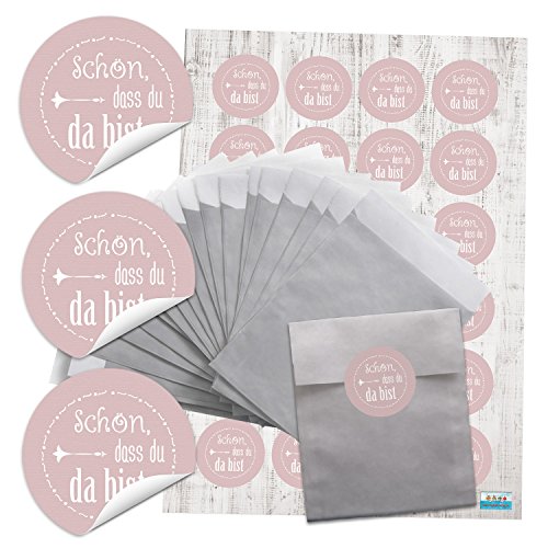 Logbuch-Verlag 24 silberfarbene Papiertüten mit rosa Sticker SCHÖN DASS DU DA BIST - Papier Tüten Gastgeschenk Verpackung silber 9,5 x 14 cm von Logbuch-Verlag