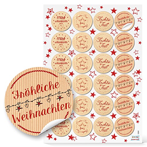 Logbuch-Verlag 24 runde Frohe Weihnachten Text Aufkleber Geschenkaufkleber Verpackung weihnachtlich 4 cm rot natur Kraftpapier von Logbuch-Verlag
