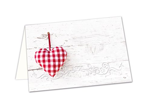 Logbuch-Verlag 25 kleine Klappkarten in Holzoptik mit Herz - Namensschilder Sitzplatzkarten rot weiß - Tischkarten zum Beschriften & Bedrucken von Logbuch-Verlag