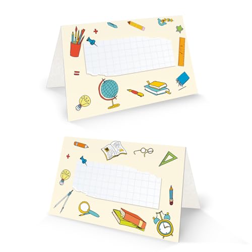 25 Tischkarten Schule Kindergarten 8,5x5,5 cm Schulanfang Tischdeko, beschriftbare Namenskarten mit bunten Schulmotiven – Logbuch-Verlag von Logbuch-Verlag