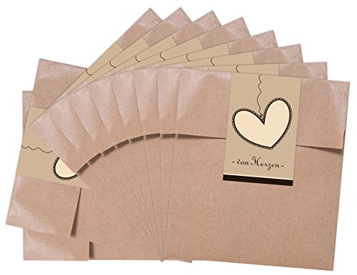 Logbuch-Verlag 25 kleine braune Geschenktüten aus Papier - Papiertüten mit Aufkleber VON HERZEN braun beige 13 x 18 cm Verpackung von Logbuch-Verlag