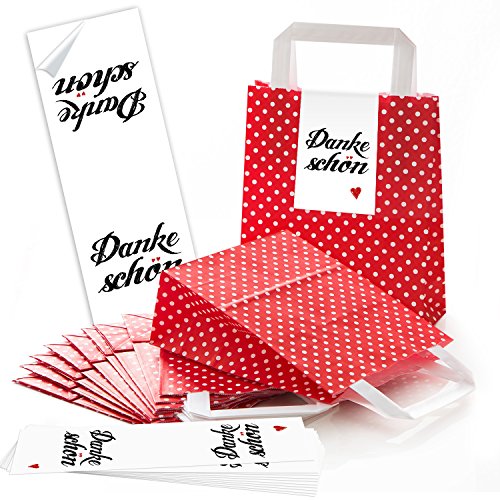 Logbuch-Verlag 25 Papiertüten rot weiß gepunktet mit DANKESCHÖN Aufkleber mit Herz - Danke Geschenk Verpackung - Papiertaschen mit Henkel & Boden von Logbuch-Verlag