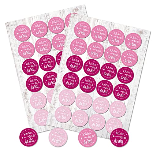Logbuch-Verlag 48 Sticker Schön dass du da bist Aufkleber rosa pink Ø 4 cm Hochzeitsdeko Tischdeko Fest Veranstaltung Willkommen Gäste von Logbuch-Verlag