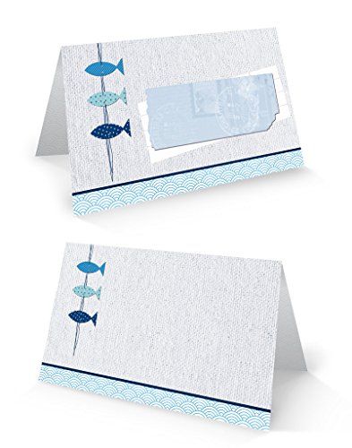 Logbuch-Verlag 50 Tischkarten zum Beschriften Namensschilder für Taufe Kommunion Firmung blau hellblau weiß Fische-Motiv von Logbuch-Verlag