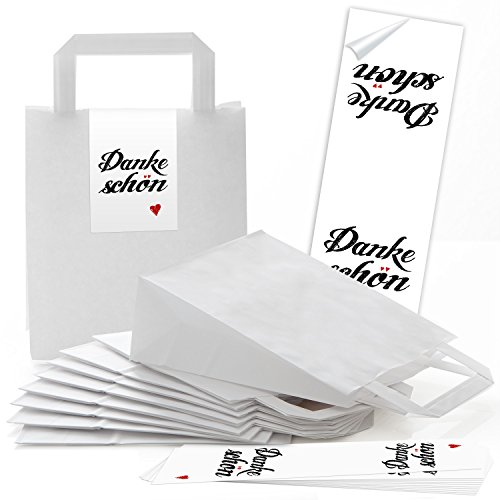 Logbuch-Verlag 50 weiße Papiertüten mit Aufkleber DANKESCHÖN mit Herz - Papiertasche 18 x 8 x 22 cm Henkeltüte Verpackung aus Papier Danke von Logbuch-Verlag