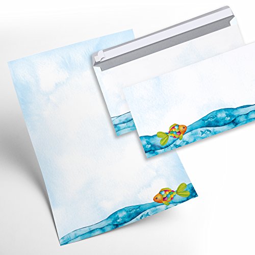 Logbuch-Verlag SET 12 Blatt Briefpapier Fisch Regenbogenfisch Einladung Kommunion Geburtstag Kinder blau weiß MIT 10 Briefumschläge A4 maritim Taufe von Logbuch-Verlag