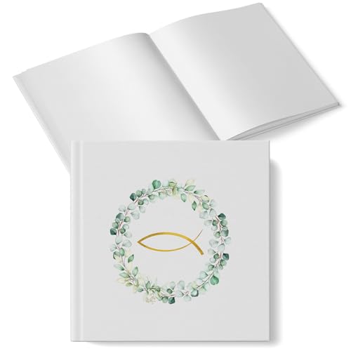 Gästebuch mit Fisch & Eukalyptus-Kranz: Fotoalbum für Taufe, Kommunion, Konfirmation & Firmung , Erinnerungsbuch Hardcover, Erinnerungsalbum Hochzeit, 48 Blanko Seiten, Weiß, Grün, Gold, 15 x 15 cm von Logbuch-Verlag