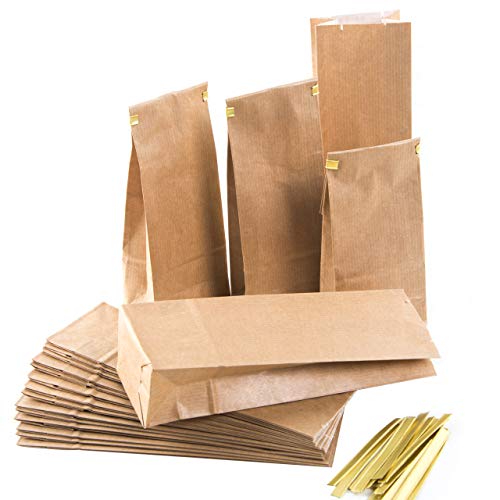 Kleine Blockbodenbeutel, 25 Stück: Papiertüten Braun, Teetüten Kraftpapier, Geschenktüte Give-Aways, Für Kaffee, Tee, Kräuter & Kekse, Kraftpapiertüten, Papiertaschen mit Verschluss, 7 x 4 x 20,5 cm von Logbuch-Verlag
