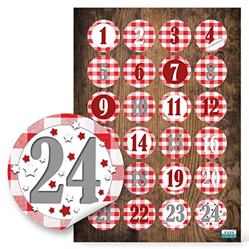 Logbuch-Verlag 1-24 Adventskalender Zahlen Aufkleber Nummern zum Aufkleben rund 4 cm rot weiß kariert selbstklebend von Logbuch-Verlag