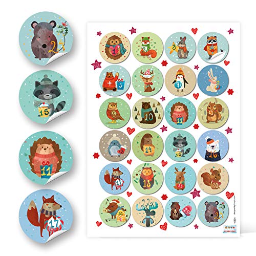 Klebezahlen Adventskalender, 24 Stück: Zahlen Kalender 1 bis 24, Sticker Tiere, Zahlensticker, Aufkleber Weihnachten, Zahlenaufkleber Kinder, Adventskalenderzahlen zum Aufkleben, Klebezahlen, Ø 4 cm Klebezahlen Adventskalender, 24 Stück: Zahlen Kalender 1 bis 24, Sticker Tiere, Zahlensticker, Aufkleber Weihnachten, Zahlenaufkleber Kinder, Adventskalenderzahlen zum Aufkleben, Klebezahlen, Ø 4 cm von Logbuch-Verlag