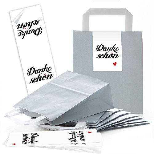 Logbuch-Verlag 10 Dankeschön Verpackungen - Papiertüten grau hellgrau mit Aufkleber DANKE - Geschenkverpackung Give-Away Papier-Tragetasche 18 x 8 x 22 cm von Logbuch-Verlag