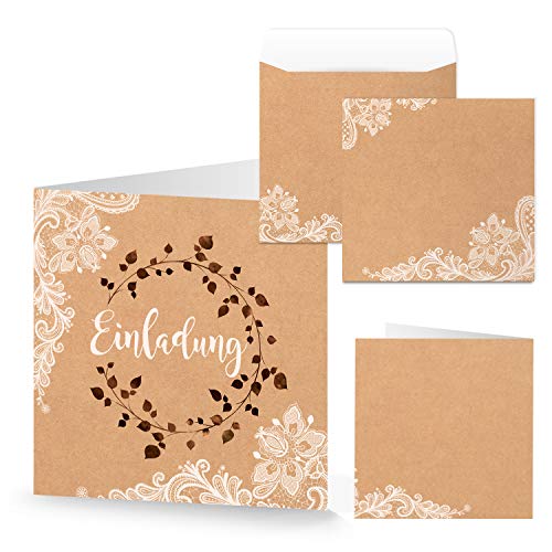 Logbuch-Verlag 10 Einladungskarten + Kuverts quadratisch Kraftpapier braun Spitze Boho Vintage Stil Einladung Karte Hochzeit Hochzeitseinladung von Logbuch-Verlag