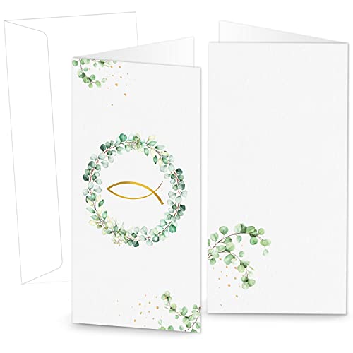 Logbuch-Verlag 10 Kommunion Taufe Klappkarten mit Kuvert als Menükarte, Einladungskarte & Dankeskarte Eukalyptus Fisch grün gold 10,5 x 21 cm Logbuch-Verlag 10 Kommunion Taufe Klappkarten mit Kuvert als Menükarte, Einladungskarte & Dankeskarte Eukalyptus Fisch grün gold 10,5 x 21 cm von Logbuch-Verlag