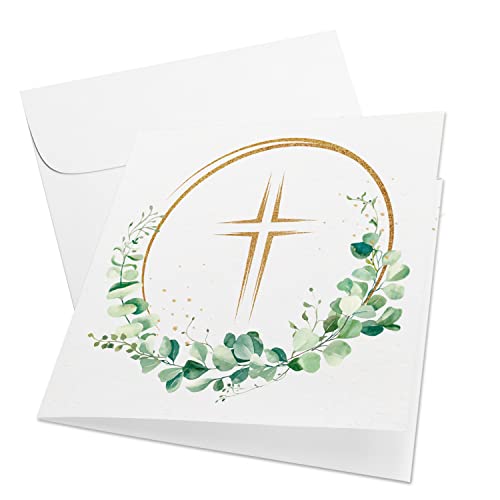 Klappkarten mit Kreuz & Eukalyptus, 10er Set: Einladungskarten Kommunion, Konfirmation, Firmung, Taufe & Hochzeit, Dankeskarte mit Umschlag, Kommunionskarten Junge & Mädchen, Grün & Gold, 15 x 15 cm von Logbuch-Verlag