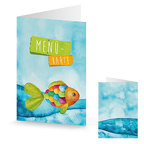 Logbuch-Verlag 10 Menükarten Fisch Regenbogenfisch leere Speisekarten zum Bedrucken & Beschriften Kommunion Taufe Kindergeburtstag von Logbuch-Verlag