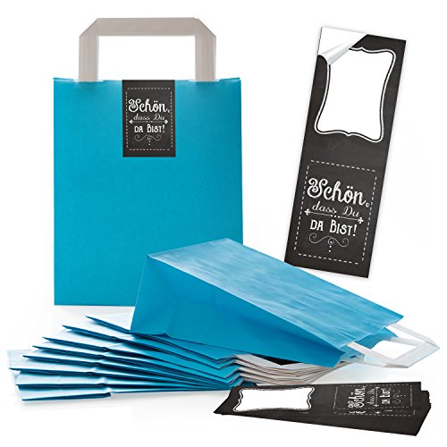 Logbuch-Verlag 10 Papiertüten blau türkis 18 x 8 x 22 cm mit Geschenkaufkleber schwarz weiß Schön, dass du da bist - kleine Papier-Tragetaschen von Logbuch-Verlag