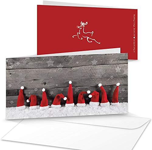 Logbuch-Verlag 10 Weihnachtskarten weiß grau ROTE MÜTZEN Klappkarten mit Kuvert 10,5 x 21 cm - Karten Weihnachten für Mitarbeiter Kunden von Logbuch-Verlag